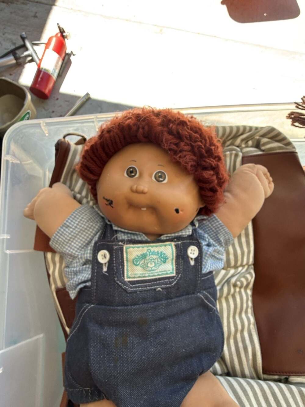 Vintage 1983 Cabbage Patch Kids Doll with Red Yarn Hair and Denim Overalls